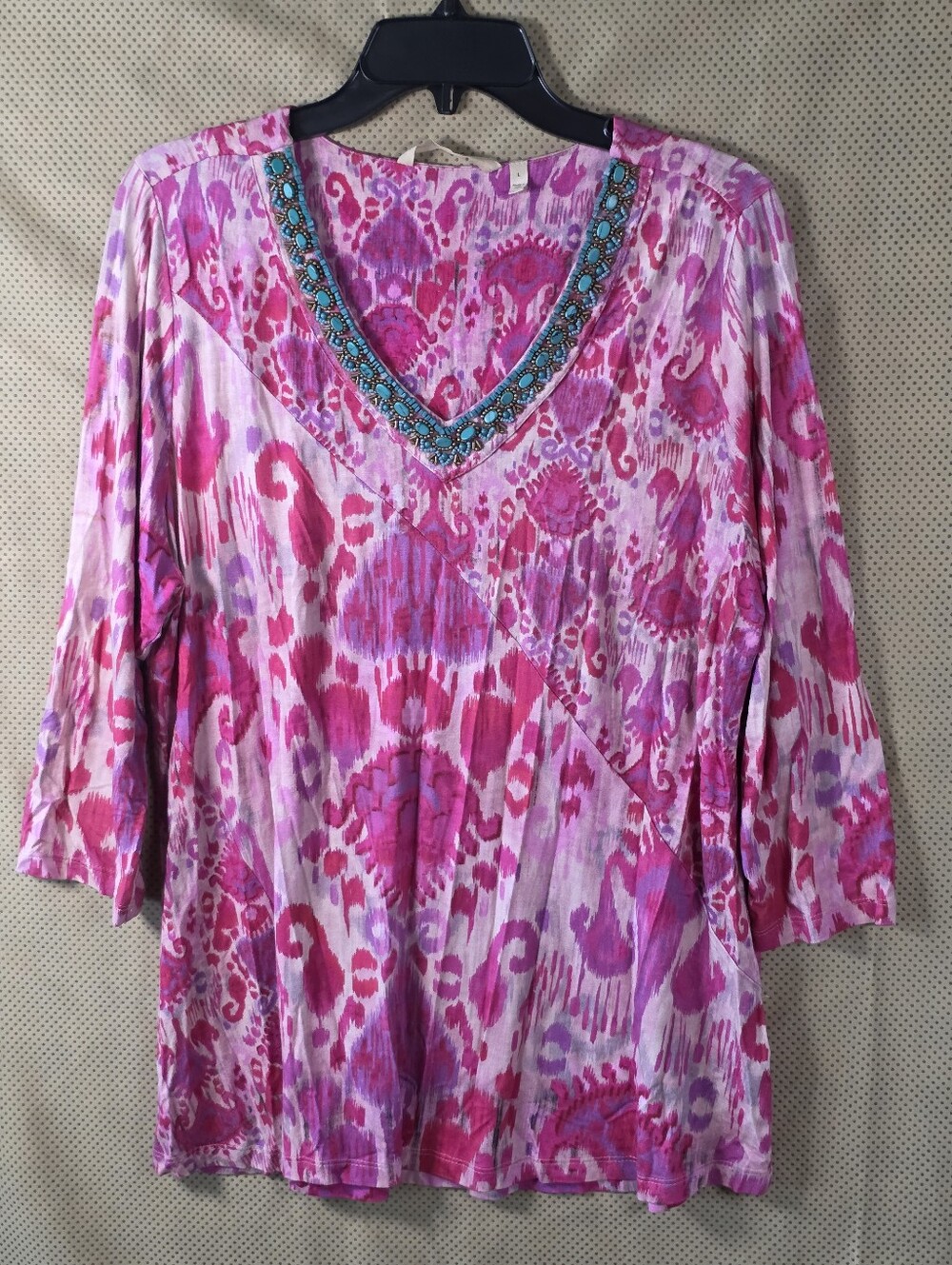 Soft Surroundings Pink Ikat Tunic Top L Turquoise Beaded V Neck Boho Stretch